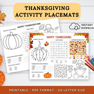 Thanksgiving Activity Placemat - activity placemats, printable placemat, kids thanksgiving, thanksgiving color, thanksgiving games