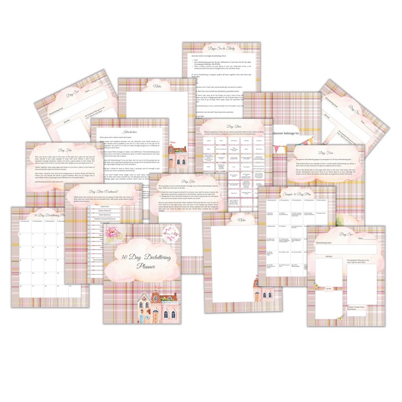 May include: A printable 30-day decluttering planner with a pink and beige plaid background. The planner features a cute house illustration and the text "30 Day Decluttering Planner".