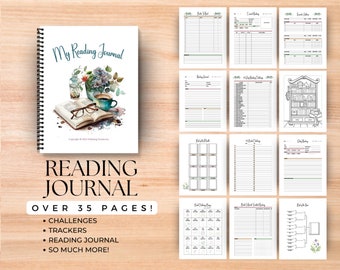 May include: A printable reading journal with a watercolor illustration of a book, coffee cup, and glasses. The journal cover says "My Reading Journal". The text below the image says "Reading Journal" and "Over 35 Pages!" with bullet points listing "Challenges", "Trackers", "Reading Journal", and "So Much More!"