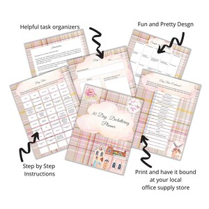 May include: A printable 30-day decluttering planner with a pink and white plaid background. The planner features a watercolor illustration of a house with a pink roof and a cloud with the text "30 Day Decluttering Planner".