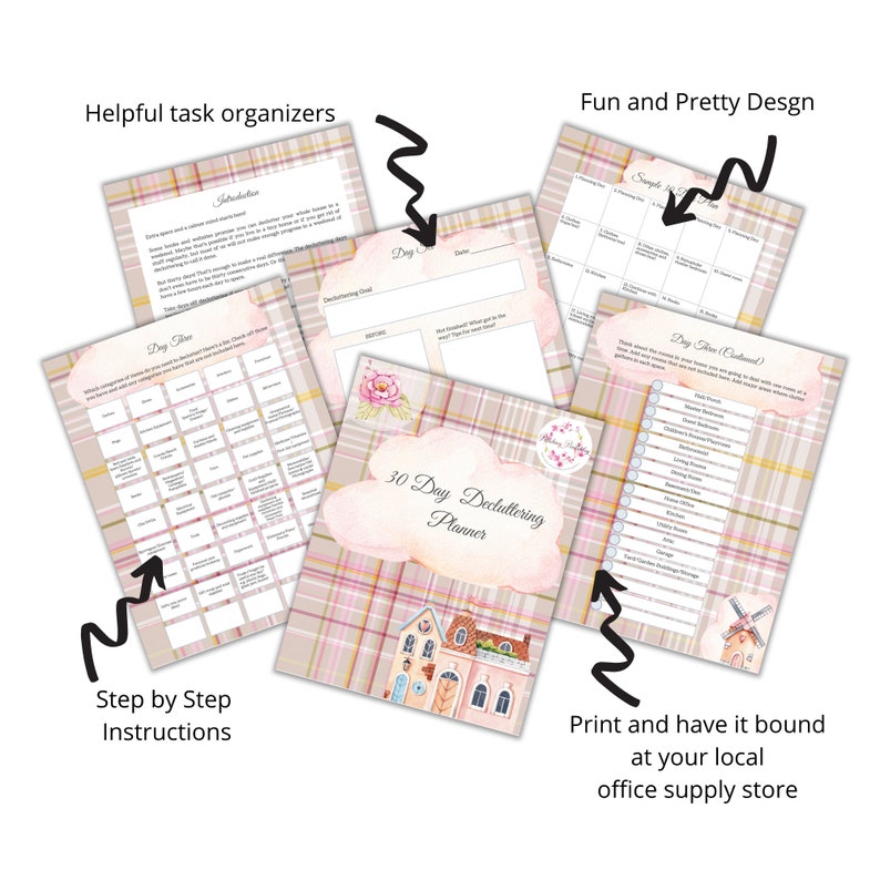 May include: A printable 30-day decluttering planner with a pink and white plaid background. The planner features a watercolor illustration of a house with a pink roof and a cloud with the text "30 Day Decluttering Planner".