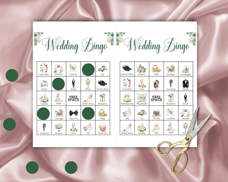 May include: Two sheets of "Wedding Bingo" game cards with green accents and floral designs. Each card features a grid of wedding-themed images and words. A pair of gold scissors rests on the right side of the cards.