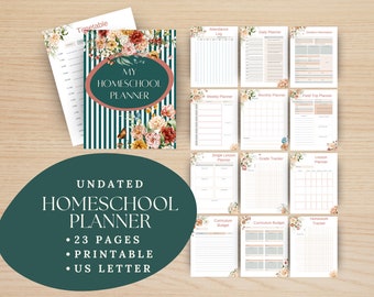May include: An undated homeschool planner with a floral design. The planner has 23 pages and is printable in US letter size. The cover features a teal and white striped background with a floral design and the text "My Homeschool Planner".