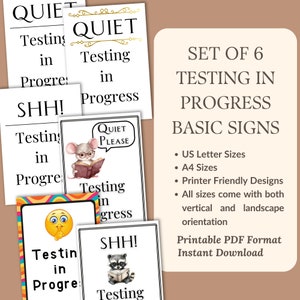 Può includere: Set di sei cartelli stampabili per test in corso. I cartelli presentano diversi design, tra cui un topo che legge un libro, un procione che legge un libro e un'emoticon sorridente con un dito sulla bocca. I cartelli sono disponibili in formato US Letter e A4.