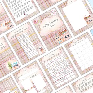 May include: A printable 30-day decluttering planner with a pink and brown plaid background. The planner features a watercolor illustration of a house with a pink roof and a white picket fence. The text "30 Day Decluttering Planner" is written in a pink cloud.