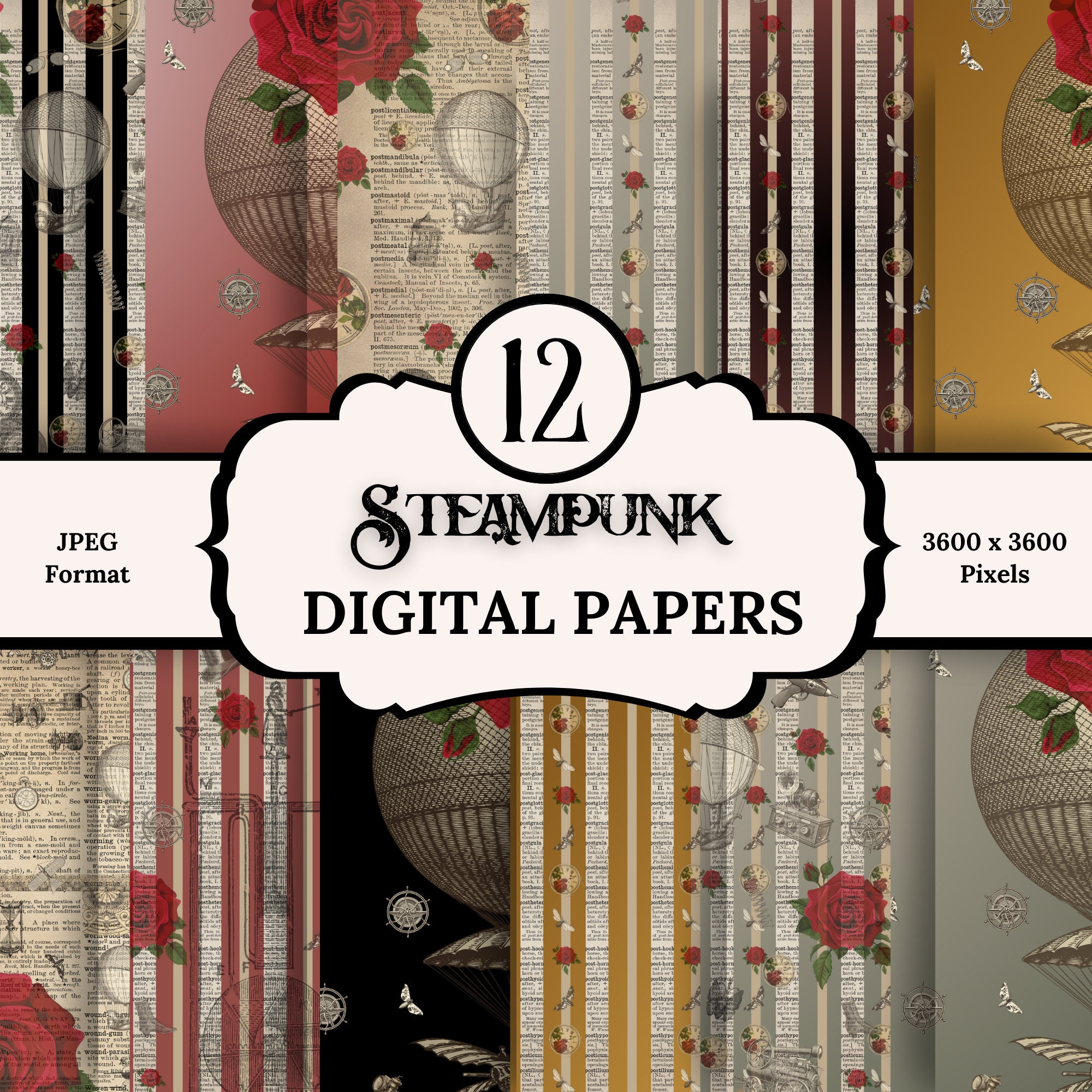 Steampunk Roses Digital Papers - Etsy, image size:2000x2000