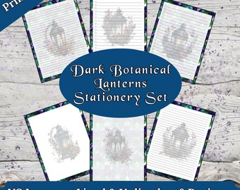 Dark Botanical Lanterns Stationery Set - Printable stationery, Dark botanical,stationery set, gothic stationery, letter writing paper