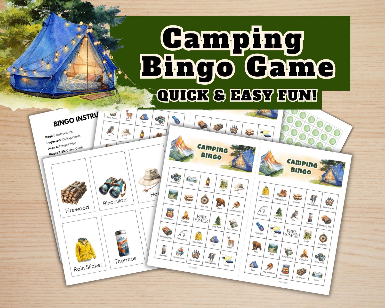 Camping Printable Bingo Game - Bingo Game for Kids, Summer Camp ...