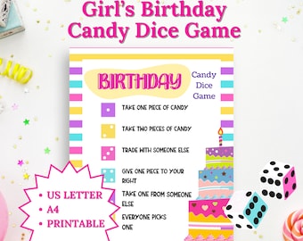 May include: A printable game card for a birthday party. The card has a pink, yellow, and blue color scheme and features a cake with candles. The card has instructions for a candy dice game. The text on the card reads "Birthday Candy Dice Game".