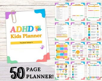 May include: A colorful 50-page planner designed for kids with ADHD. The cover features a puzzle piece and the text "ADHD Kids Planner". The planner includes sections for goal setting, social skills, self-advocacy, affirmations, coping skills, problem-solving, and more.