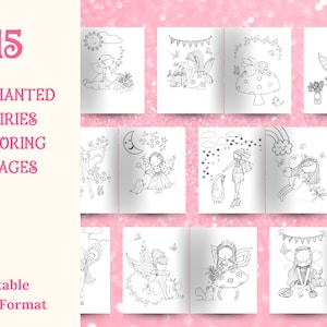 May include: A set of 15 printable coloring pages featuring fairies in various whimsical scenes. The pages are in black and white and ready to be colored.