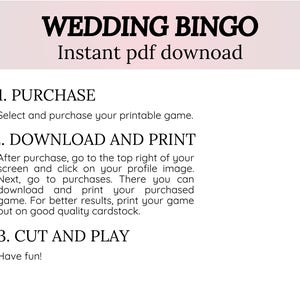 Select and purchase your printable game.

1. Purchase
Select and purchase your printable game.
2. Download and print
After purchase, go to the top right of your screen and click on your profile image. Next, go to purchases. There you can download and print your purchased game. For better results, print your game out on good quality cardstock.
3. Cut and play
Have fun!