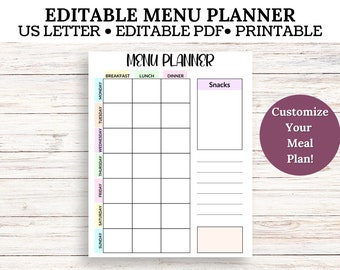 May include: A printable weekly menu planner with a colorful design. The planner includes sections for breakfast, lunch, dinner, and snacks. The days of the week are listed on the left side of the planner. The text "Customize Your Meal Plan!" is in a purple circle.