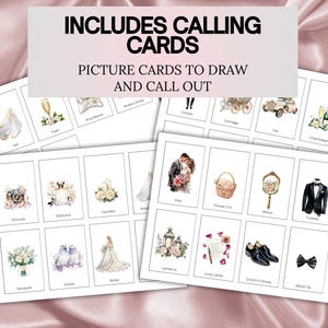 May include: A set of wedding-themed picture cards with watercolor illustrations. The cards include images of a bride, groom, flowers, and other wedding-related items. Text at the top reads "INCLUDES CALLING CARDS" and "PICTURE CARDS TO DRAW AND CALL OUT."
