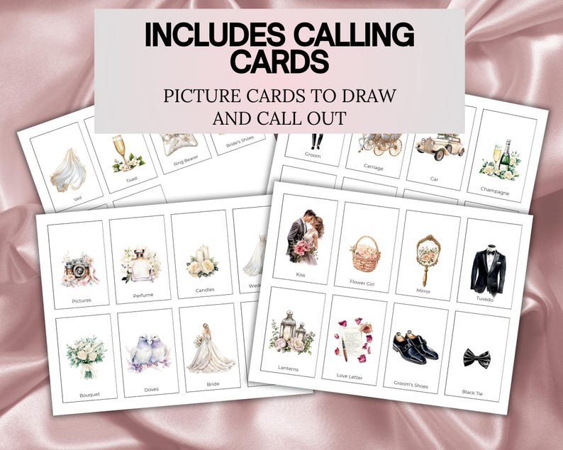 May include: A set of wedding-themed picture cards with watercolor illustrations. The cards include images of a bride, groom, flowers, and other wedding-related items. Text at the top reads "INCLUDES CALLING CARDS" and "PICTURE CARDS TO DRAW AND CALL OUT."