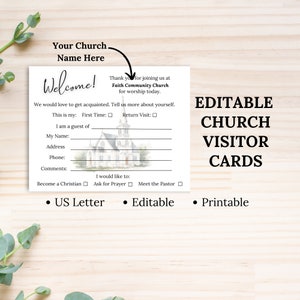 Cartões editáveis de visitantes da igreja - cartões de visitantes da igreja, cartão de boas-vindas da igreja, material de escritório da igreja, informações para visitantes da igreja, divulgação do ministério