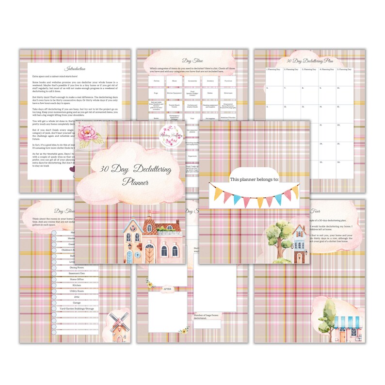 May include: A 30-day decluttering planner with a pink and brown plaid background. The planner includes a checklist of rooms to declutter, a calendar to track progress, and a section for notes. The planner also features cute illustrations of houses and a windmill.