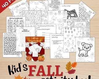 May include: A black and white printable activity book for kids featuring fall-themed activities. The cover shows a pumpkin, leaves, and the text "Fall Fun Activity Book". The book includes 40 pages of activities, such as coloring pages, word searches, mazes, and more.