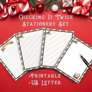 May include: Printable stationery set with a Christmas theme. The set includes three sheets of paper with red and green striped borders. One sheet has a checklist with the text "Check it Twice", another sheet has a striped pattern, and the third sheet has a Santa Claus illustration. The text "CHECKING IT TWICE STATIONERY SET" is at the top of the image. The text ".PRINTABLE .US LETTER" is at the bottom of the image.