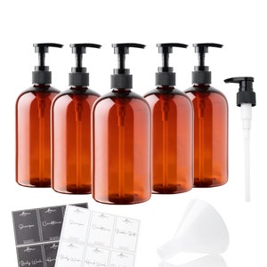 May include: Set of six amber glass pump bottles with black pump tops and labels. The bottles are arranged in a row with a white funnel and labels for shampoo, conditioner, body wash, and bubble bath.