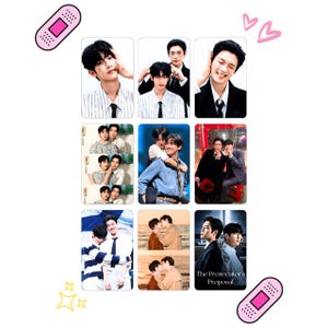 May include: A collection of nine rectangular photo cards featuring two individuals in various poses, including portraits, piggyback rides, and intimate moments. The cards include a title card reading The Prosecutor's Proposal, decorated with pink bandage and heart icons.