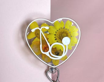 Stethoscope badge reel, RN Badge Clip, RN Badge Holder, Nurse Badge Reel Cute, Nurse Badge Reel Heart, Stethoscope ID Tag, Pink/Gold
