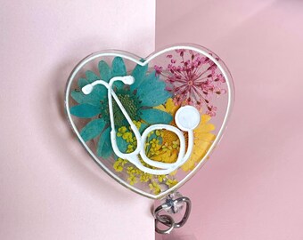 Stethoscope badge reel, RN Badge Clip, RN Badge Holder, Nurse Badge Reel Cute, Nurse Badge Reel Heart, Stethoscope ID Tag, Pink/Gold