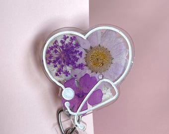 Stethoscope badge reel, RN Badge Clip, RN Badge Holder, Nurse Badge Reel Cute, Nurse Badge Reel Heart, Stethoscope ID Tag, Pink/Gold