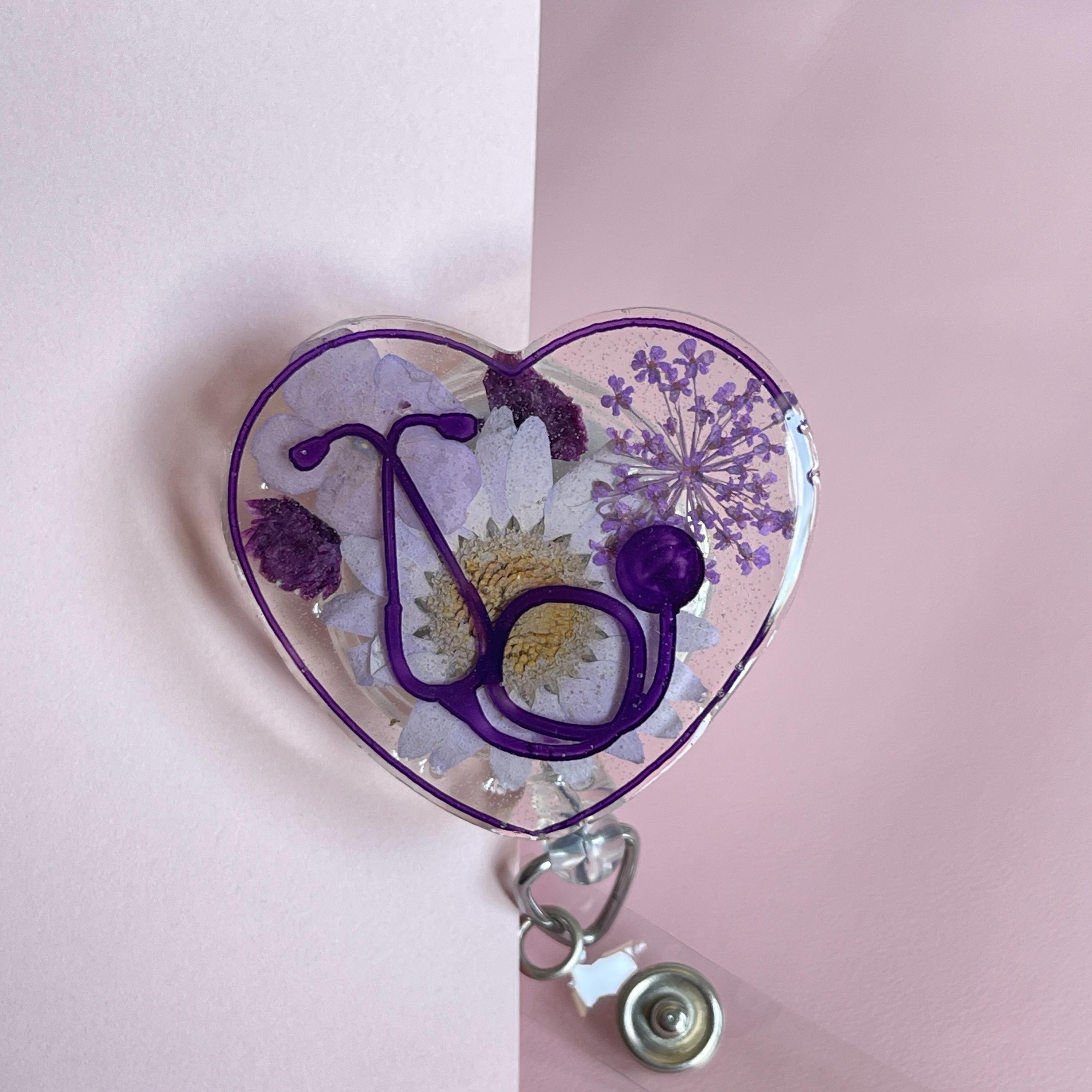 Stethoscope badge reel, RN Badge Clip, RN Badge Holder, Nurse Badge Reel Cute, Nurse Badge Reel Heart, Stethoscope ID Tag, Pink/Gold