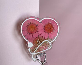 Stethoscope badge reel, RN Badge Clip, RN Badge Holder, Nurse Badge Reel Cute, Nurse Badge Reel Heart, Stethoscope ID Tag, Pink/Gold