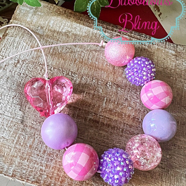 Pink and Purple Valentines Heart Adjustable Chunky Bubblegum Necklace