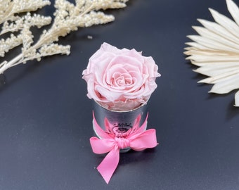 May include: A single pink preserved rose in a silver cylinder with a pink ribbon bow. The rose is in a small, decorative container.