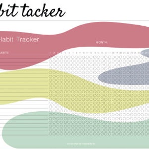 May include: A habit tracker with the text "Habit Tracker" at the top. The tracker features a pink, yellow, blue, and green design with spaces for tracking habits and the days of the month.