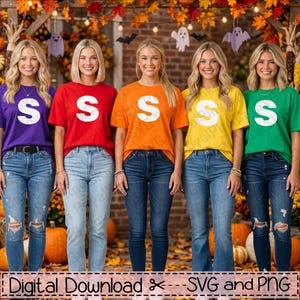 May include: Five t-shirts in purple, red, orange, yellow, and green, each featuring a large white letter S on the chest. The shirts are paired with blue denim jeans. The design is presented as a digital file for printing or cutting.