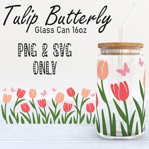Tulpen en vlinder libbey full wrap svg, 16oz glazen blikje svg, png-bestand, digitale download, tulp svg, bloemen svg, lente svg, vlinder svg