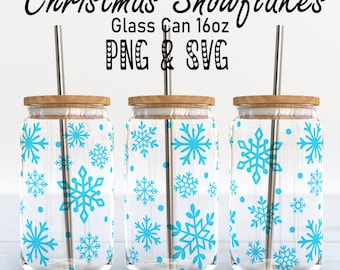 Envoltura de lata de vidrio Libbey con copos de nieve (SVG), clipart navideño, clipart de invierno, descarga digital