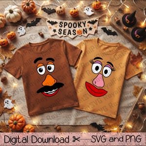 May include: Two short-sleeved t-shirts, one brown and one tan, featuring cartoon potato character faces. The brown shirt displays a mustache and orange nose, while the tan shirt shows eyelashes, a pink nose, and red lips. A banner reads SPOOKY SEASON.