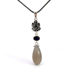 Sterling Silver Necklace-Tono Escorcia&#39;s Grey Moonstone & Blue Oval Opal Fashion Necklace