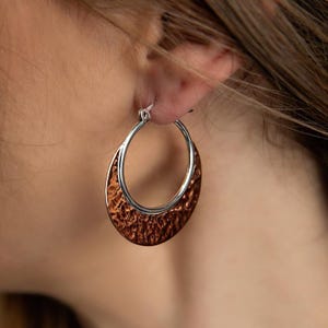 Sterling Silver & Copper Hoop Earrings-Artisan Made Modern Hammered Design