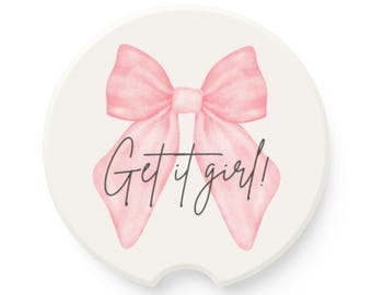 Cute Soapstone Car Coaster with Pink Bow | Get It Girl | Car Accessory for Her | Gifts for Women, Car Decor, Personalized Gift