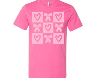 Short Sleeve Valentines Tee, Heart and Bow Valentine Tee, Pink Heart Valentine Tee, Pink Bow Valentine Tee, Bella Canvas Valentine Tee