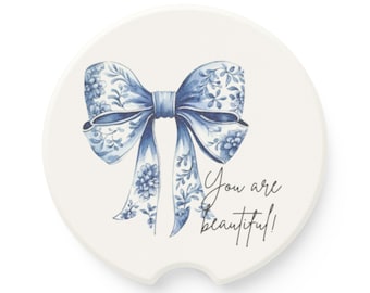 Elegant Floral Soapstone Car Coaster with Bow, Car Accessories, Gift for Her, Unique Home Decor, Mother's Day Gift