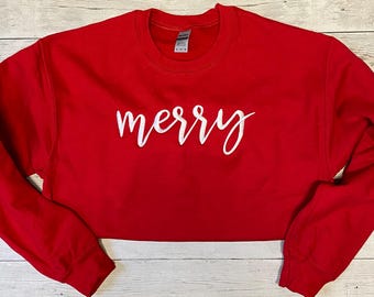 Merry Embroidered Sweatshirt, Christmas Embroidered Sweatshirt, Red Christmas Sweatshirt, Merry Sweatshirt, Embroidered Christmas Sweatshirt