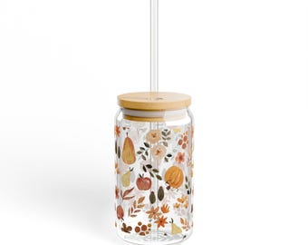 Fall Glass Cup with Straw, Fall Sipper Glass, 16oz, Glass Cup with Straw, Pumpkin Fall Glass Cup, Pumpkin Glass Cup with Straw