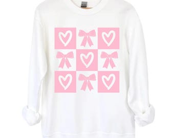 Valentine Sweatshirt, Bow Valentine Sweatshirt, Pink Bow and Heart Sweatshirt, Valentine Gildan Sweatshirt, Pink Bow Sweatshirt