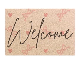 Charming "Welcome" Doormat with Heart and Bow Designs, Perfect for Home Entryway, Housewarming Gift, Front Porch Decor, Valentine's Day