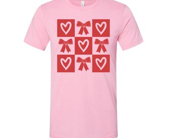 Short Sleeve Valentines Tee, Heart and Bow Valentine Tee, Pink Heart Valentine Tee, Pink Bow Valentine Tee, Bella Canvas Valentine Tee
