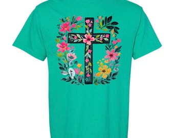 Floral Cross Comfort Color Tee, Floral Cross Tee, Floral Cross Bella Canvas Tee, Easter Floral Tee, Easter Comfort Color Tee,  Easter Cross