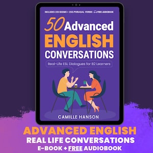 Op de afbeelding: Een digitale tablet met de boekomslag 50 Advanced English Conversations van Camille Hanson. De paarse omslag toont een illustratie van twee personen aan een tafel, met tekst die 220 idiomen en 255 phrasal verbs vermeldt.
