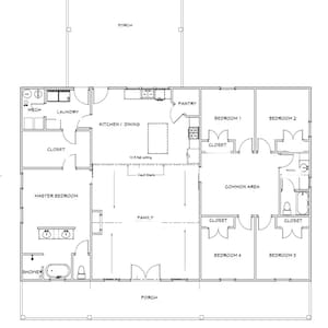 40x60 Barndominium 5 bedroom - PDF blueprints and framing material list.